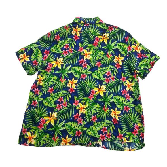 Caribou Hawaiian Shirt Women 1X Green Blue Pink Floral Button Up Shoulder Pads - Picture 2 of 12
